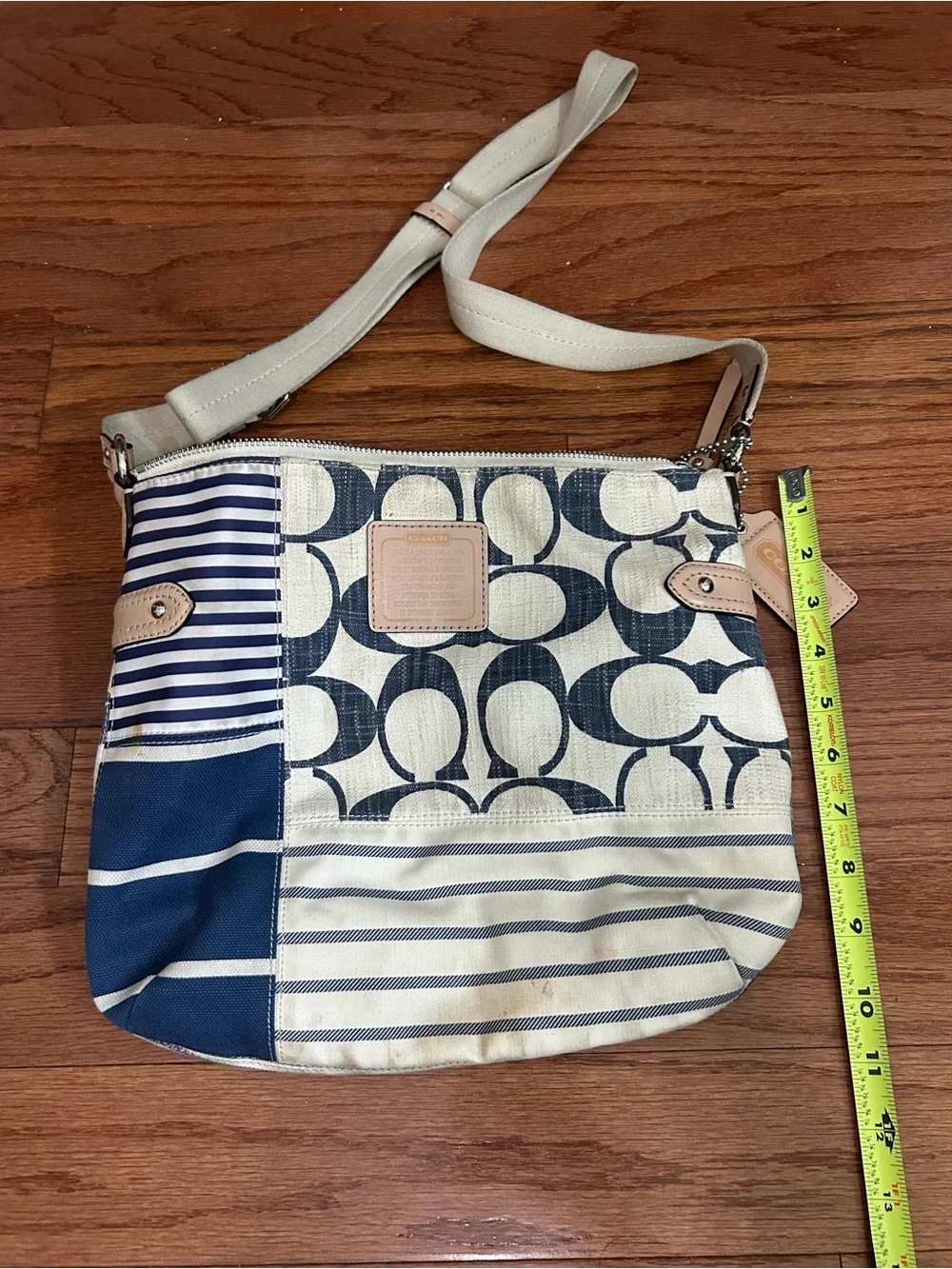 Vintage Coach Patchwork Signature Canvas Crossbody Bag Navy White Leather